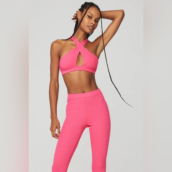 Alo Yoga Ribbed Destination Bra 💖 Hot Pink Crisscross Sports Bra - M - Picture 7 of 7